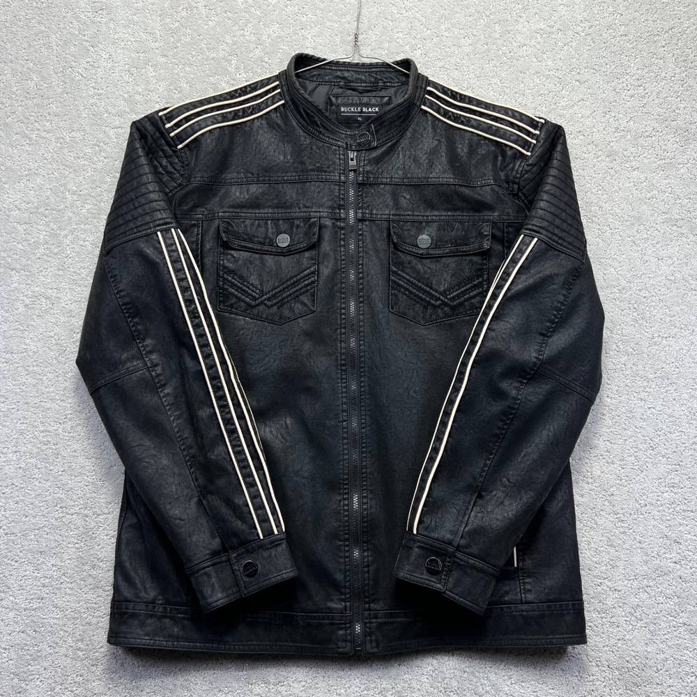 Buckle Black Jacket Mens XL Black Faux Leather Moto Biker Quilt Lined Grunge